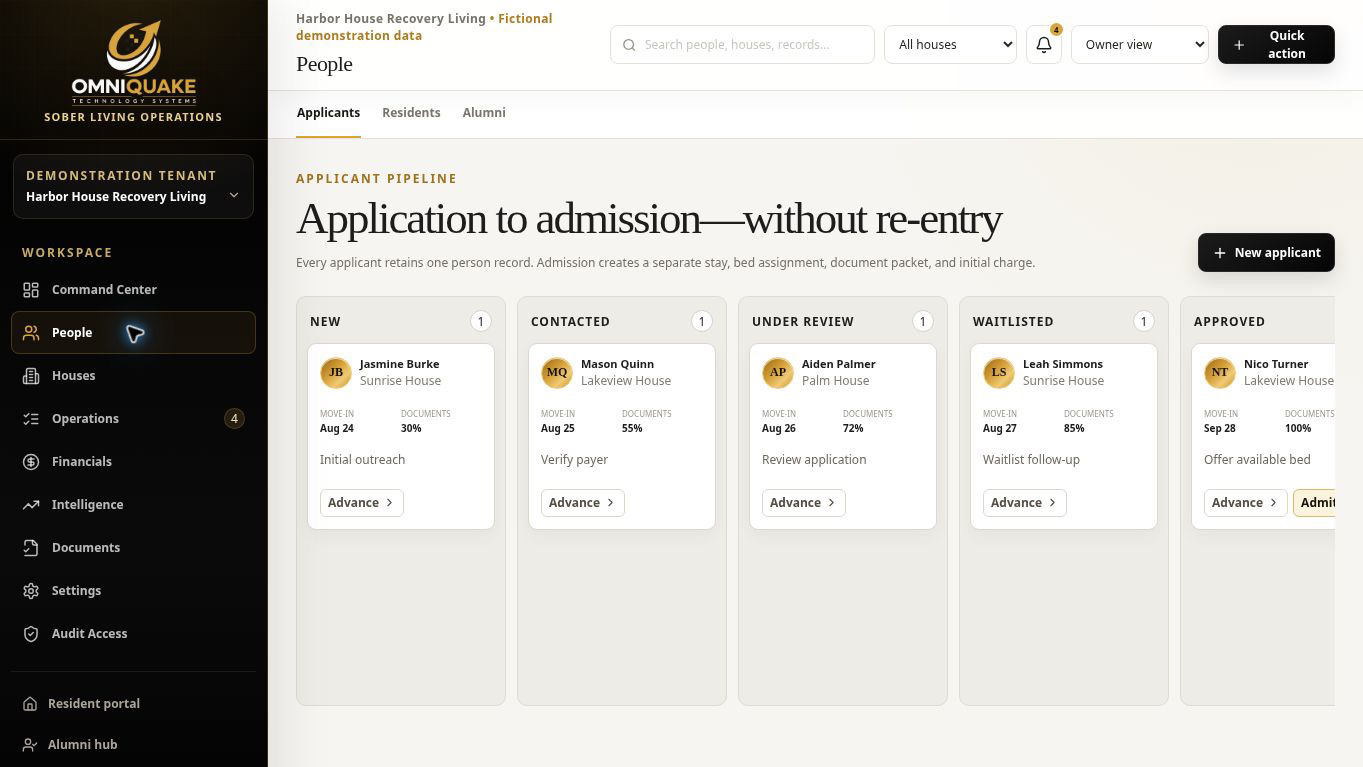 Application pipeline screen from the OmniQuake Recovery Residence Platform