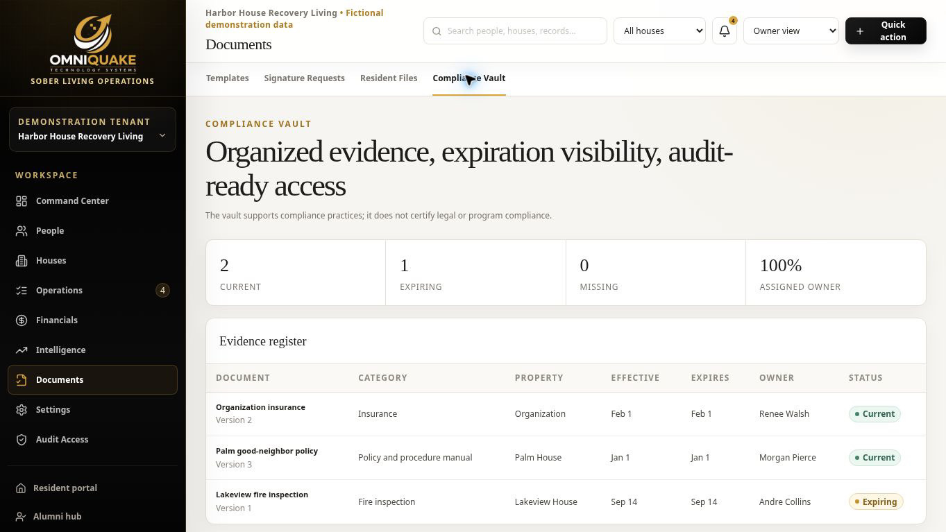 Compliance vault screen from the OmniQuake Recovery Residence Platform