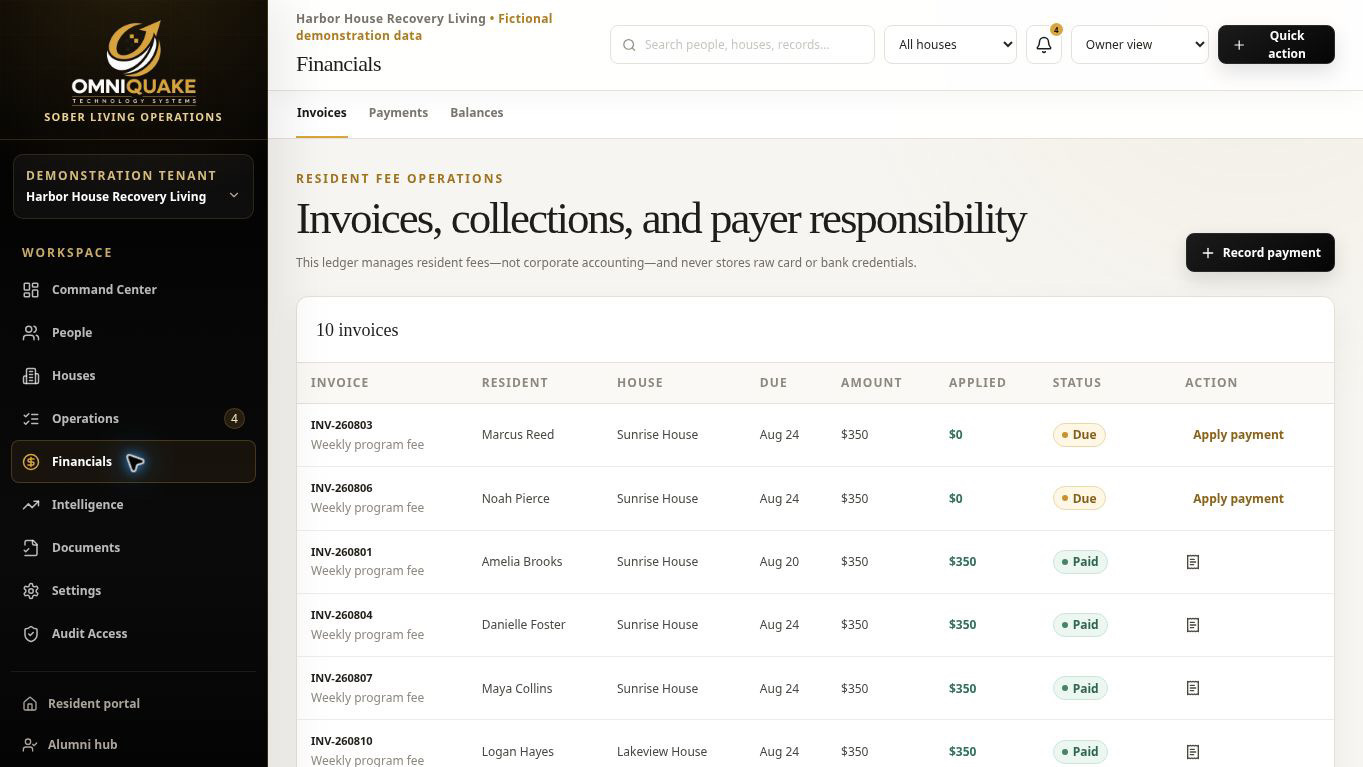 Resident fee operations screen from the OmniQuake Recovery Residence Platform
