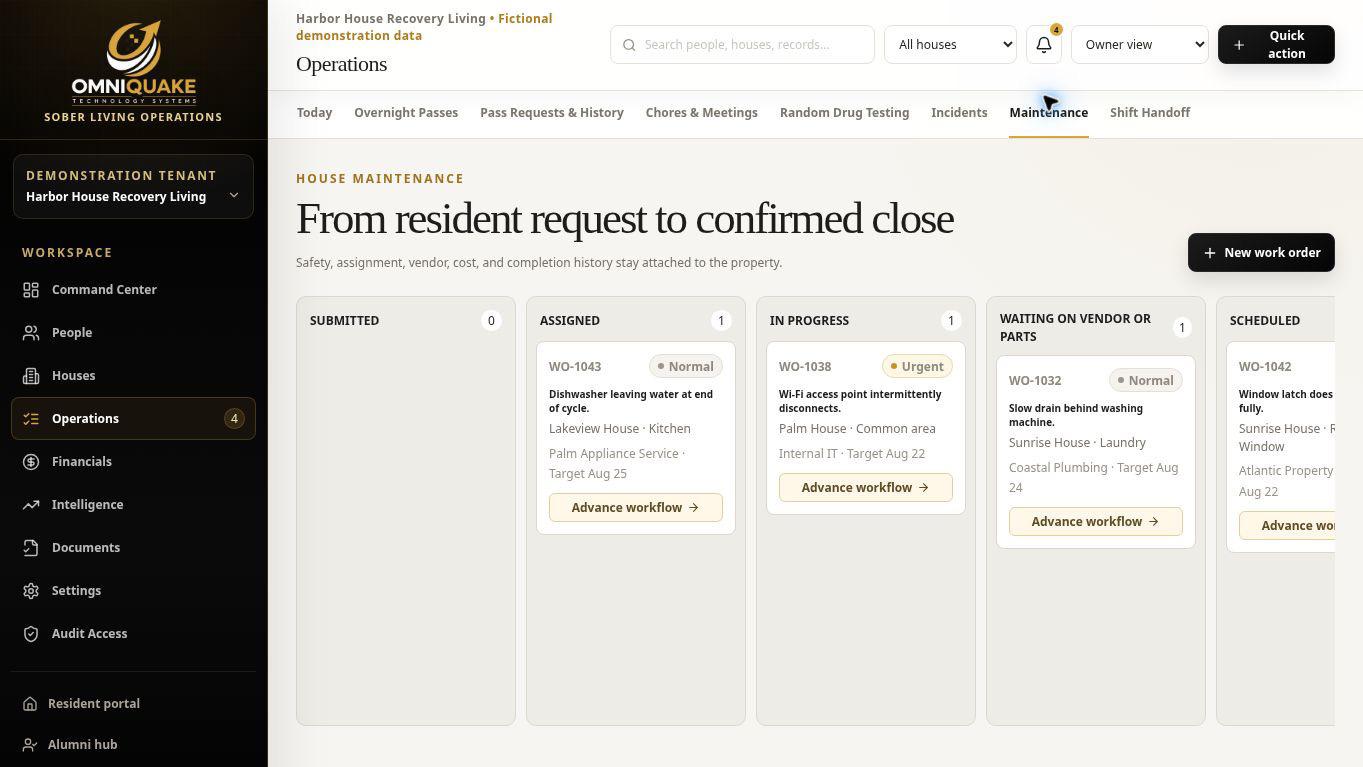Maintenance workflow screen from the OmniQuake Recovery Residence Platform