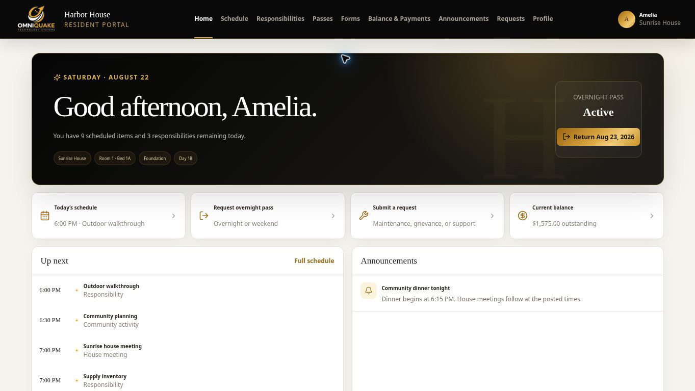 Harbor House branded resident portal home screen