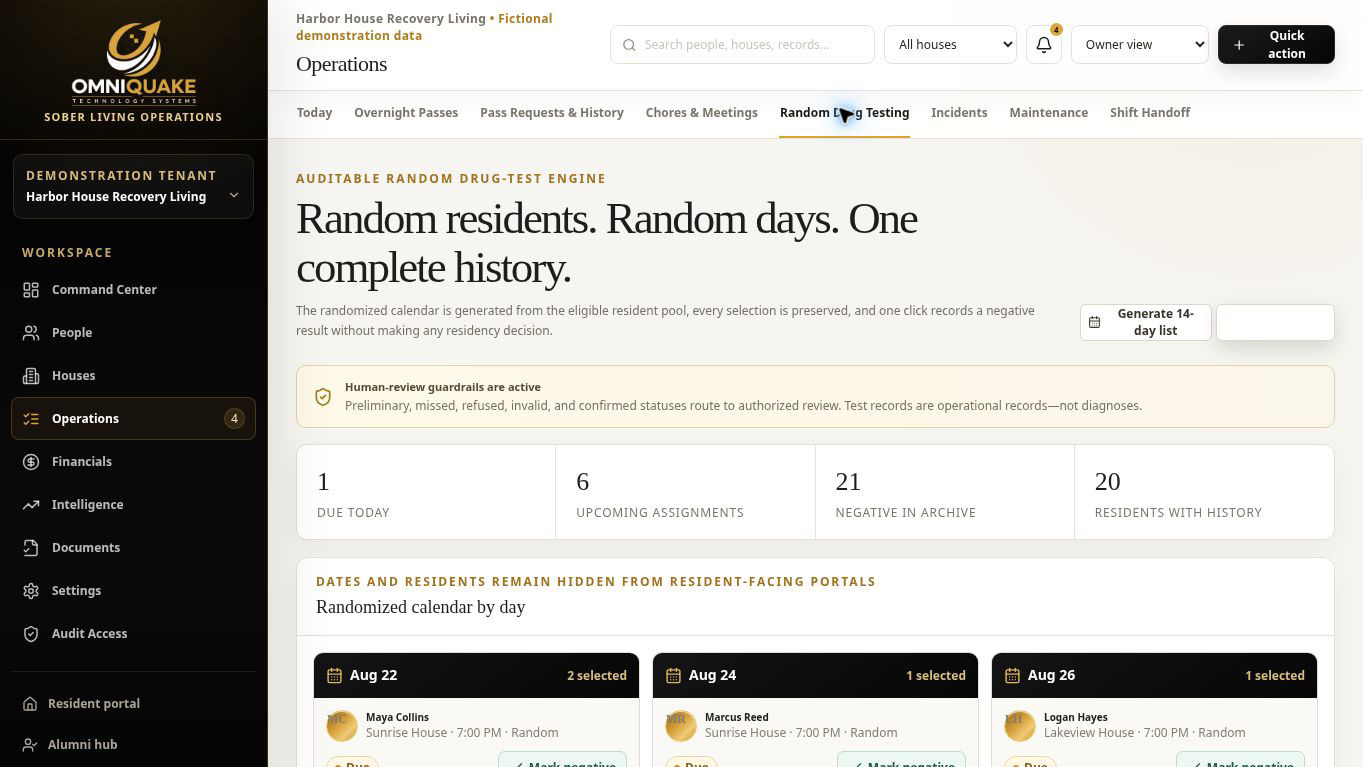 Random testing workflow screen from the OmniQuake Recovery Residence Platform